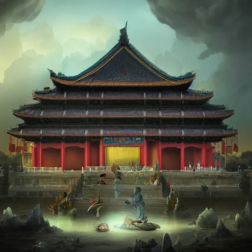 Image similar to tang dynasty palace by peter mohrbacher and dan mumford and nekro, cgsociety, volumetric light, 3 d render ， - h 6 4 0