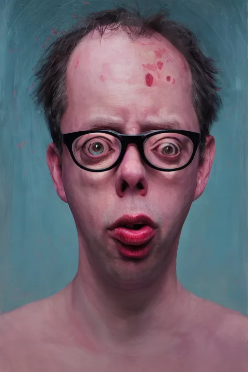 Prompt: todd solondz, a portrait of sick and thin todd solondz, clear todd solondz face, dreaming of kissing a girl, sad and lonley, vivid colors, soft lighting, atmospheric, cinematic, moody, in the style of jenni saville and krenz cushart, oil on canvas, 8 k