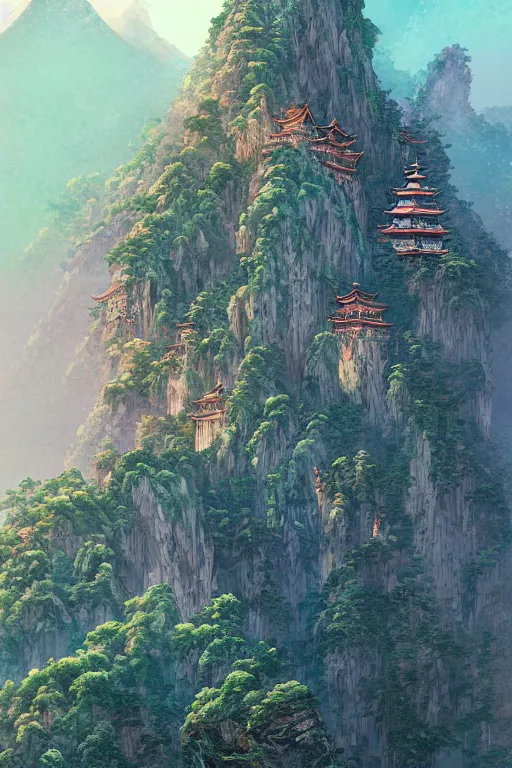 Image similar to a beautiful hyperdetailed illustration of absolutely beautiful laojun mountain, from china, perfectly shaded, atmospheric lighting, style of studio ghibli, makoto shinkai, raphael lacoste, louis comfort tiffany, artgerm, james jean, victo ngai, ross tran, chinese style