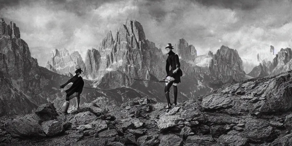 Image similar to 1920s photography Tschäggättä dancing, dolomites in the background, occult signs, witch burning, pyre, solstice fire, alp, dolomites, alpine, detailed intricate insanely detailed octane render, 8k artistic 1920s photography, photorealistic, black and white, chiaroscuro, hd, by David Cronenberg, Raphael, Caravaggio