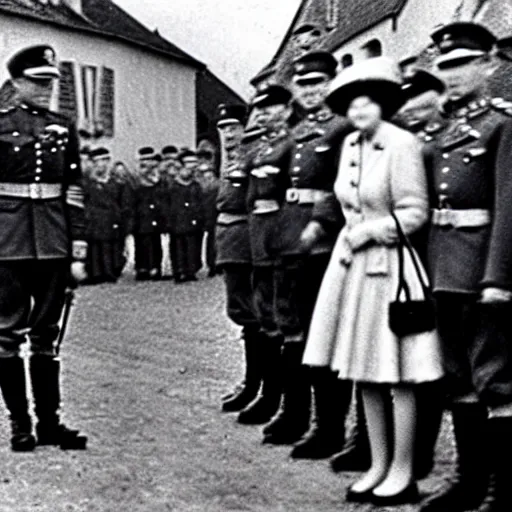 Prompt: ultra wide 1 9 4 6 blurry historical photo of a single german general bowing to a young queen elizabeth in a french village, her corgis are next to her highly detailed, sharp focus