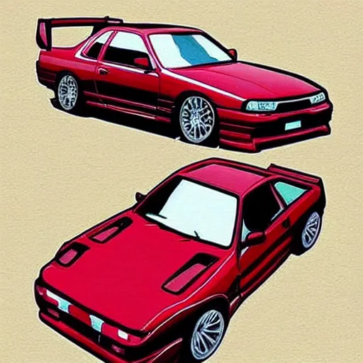 Image similar to beautiful illustration of a ninja driving a modified Nissan skyline r34 with red liquid on it