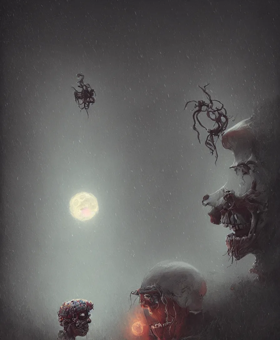 Prompt: portrait skull clown, raining, moon, illustrated by Simon Stålenhag and Gaston Bussiere, beautiful volumetric lighting style atmosphere, intricate, ultra detailed, photorealistic, trending on artstation