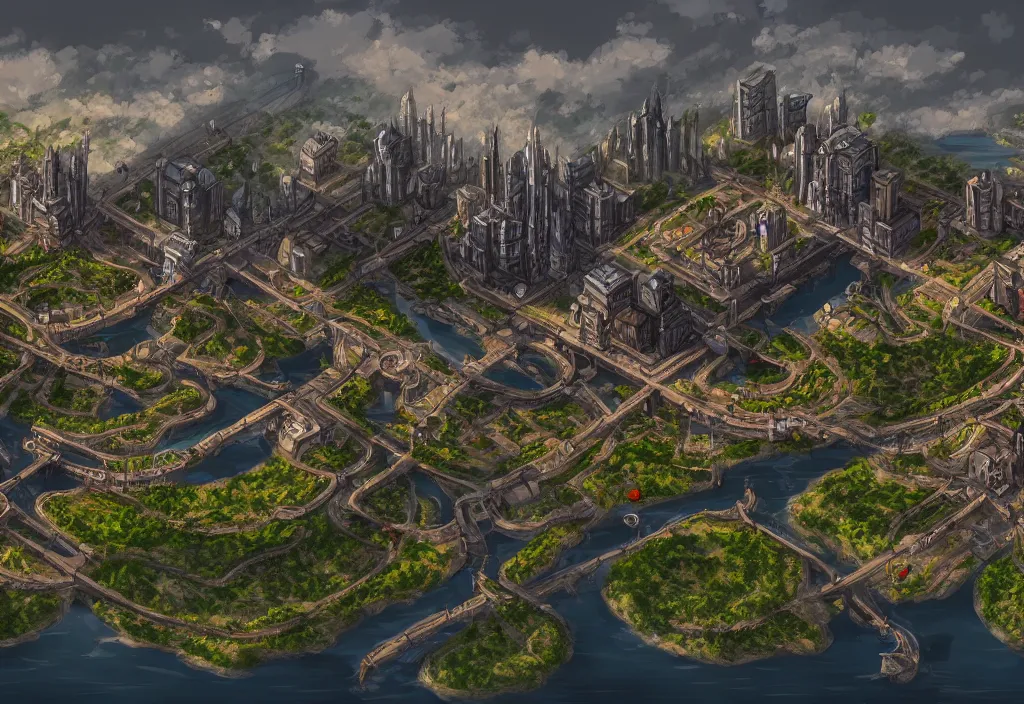 Image similar to wide shot, establishing shot of a modern day dungeons and dragons city with a river, trending on artstation, digital art, 4 k, 8 k