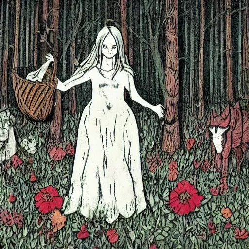 Prompt: In the conceptual art Vasilisa can be seen standing in the forest, surrounded by animals. She is holding a basket of flowers in one hand and a spindle in the other. Her face is turned towards the viewer, with a gentle expression. In the background, the forest is depicted as a dark and mysterious place. light, face paint by Junji Ito