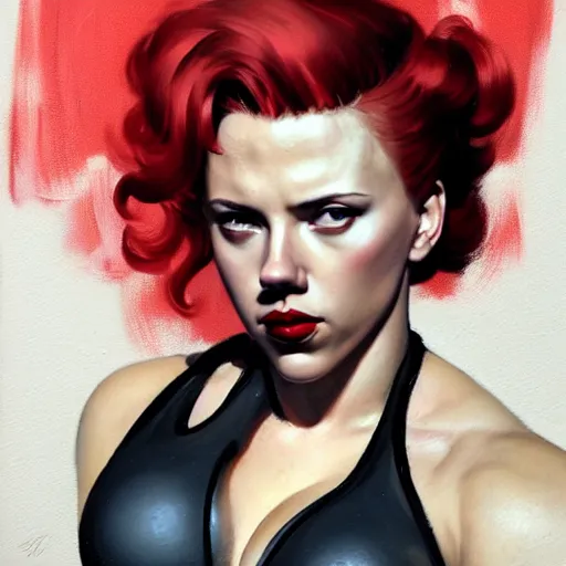 Image similar to greg manchess portrait of scarlett johansson as thick very muscular gothic weightlifter with red hair and black lipstick, fantasy medium shot, asymmetrical, profile picture, organic painting, sunny day, matte painting, bold shapes, hard edges, street art, trending on artstation, by huang guangjian and gil elvgren and sachin teng