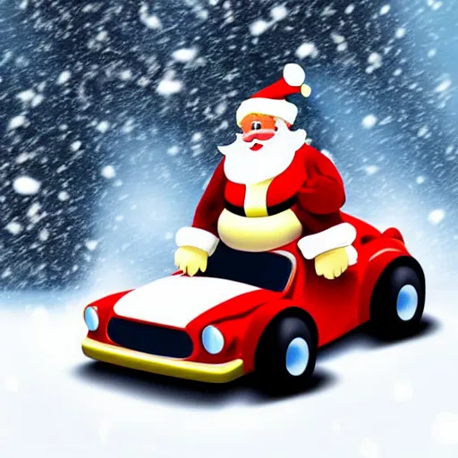 Image similar to Santa Clause driving a rally car he is going fast there is smoke coming from the tires there is snow on the track you can clearly see Santa Clause driving he is fat and jolly, realistic lighting, realistic shadows, highly reflective, photo realistic, hyper realistic