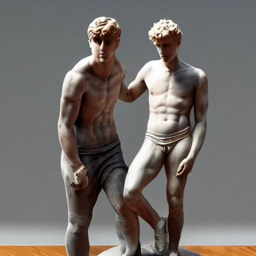 Prompt: a realistic detailed photo of youtubers jake paul & logan paul as a marble statue, blank stare