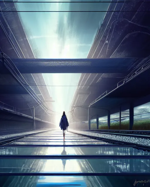 Prompt: photo of girl walking on train tracks submerged under reflective water toward a station in the distance, wide horizon, large white clouds, intricate, elegant, highly detailed, digital painting, artstation, concept art, smooth, sharp focus, illustration, art by artgerm and greg rutkowski and fra angelico