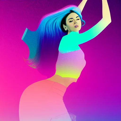 Prompt: a award winning half body portrait of a beautiful woman in a croptop with a ombre purple pink teal hairstyle with head in motion and hair flying, teal gradient background, outrun, vaporware, vivid colors, highly detailed, fine detail, intricate