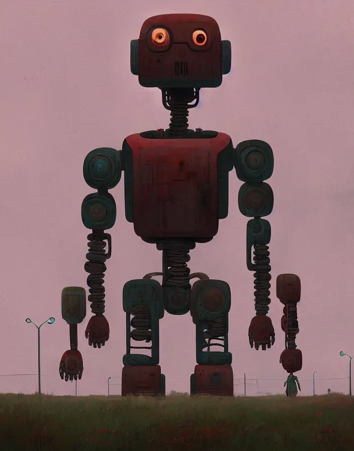 Image similar to giant rusty robot looking at a human, overcast, sci - fi digital painting by simon stalenhag