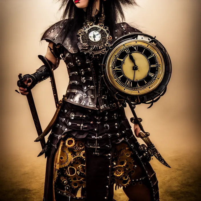 Image similar to full length photo of a real - life very beautiful clockpunk warrior, 8 k, hdr, smooth, sharp focus, high resolution, award - winning photo