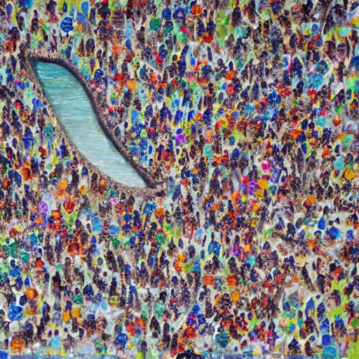 Image similar to a birdseye painting by Sally West of people on a beach from above, featured on tumblr, action painting, oil on canvas, painterly