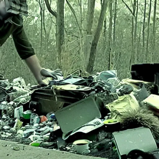 Image similar to green - tinted night vision footage of a family of raccoon digging through a gigantic mound of trash and papers and junk