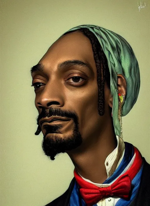 Prompt: A beautiful portrait of Snoop Dogg, frontal, digital art by Eugene de Blaas and Ross Tran, vibrant color scheme, highly detailed, in the style of romanticism