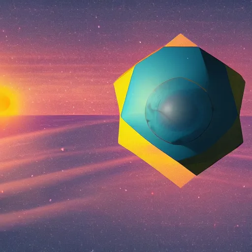 Image similar to hexagon floating above planet earth in front of the sun, trending on art station, retro futurism, photo realistic, perspective