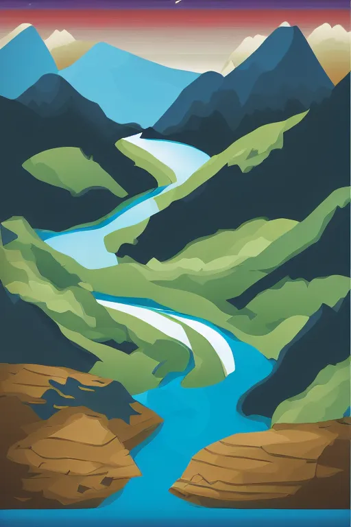 Image similar to mountaintop river flat vector a storybook illustration trending on artstation