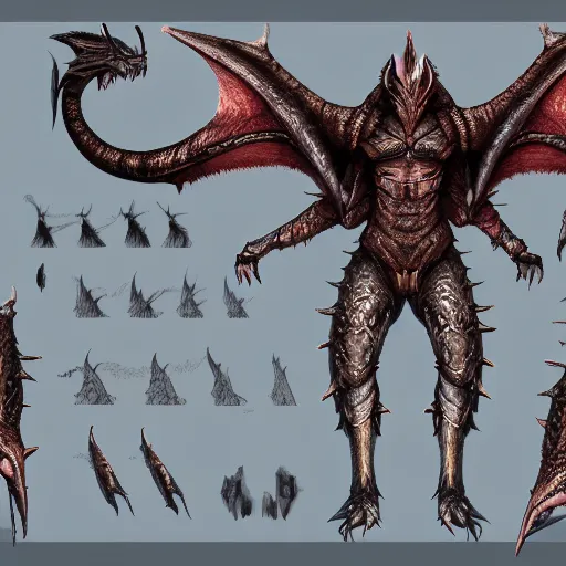 Image similar to Character sheet of a humanoid dragon, concept art, detailed, 4k resolution,