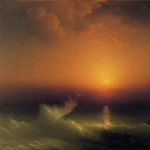 Image similar to tornado on the river, top view, sunset, by ivan aivazovsky,