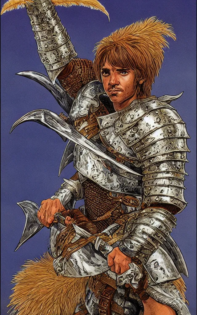 Prompt: portrait of a dnd character, a human fighter wearing armour made of griffin feathers, by larry elmore