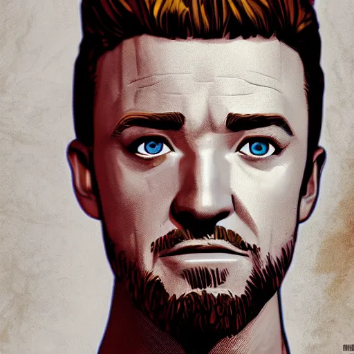 Image similar to justin timberlake portrait, borderlands, tales from the borderlands, the wolf among us, comic, cinematic lighting, studio quality, 8 k