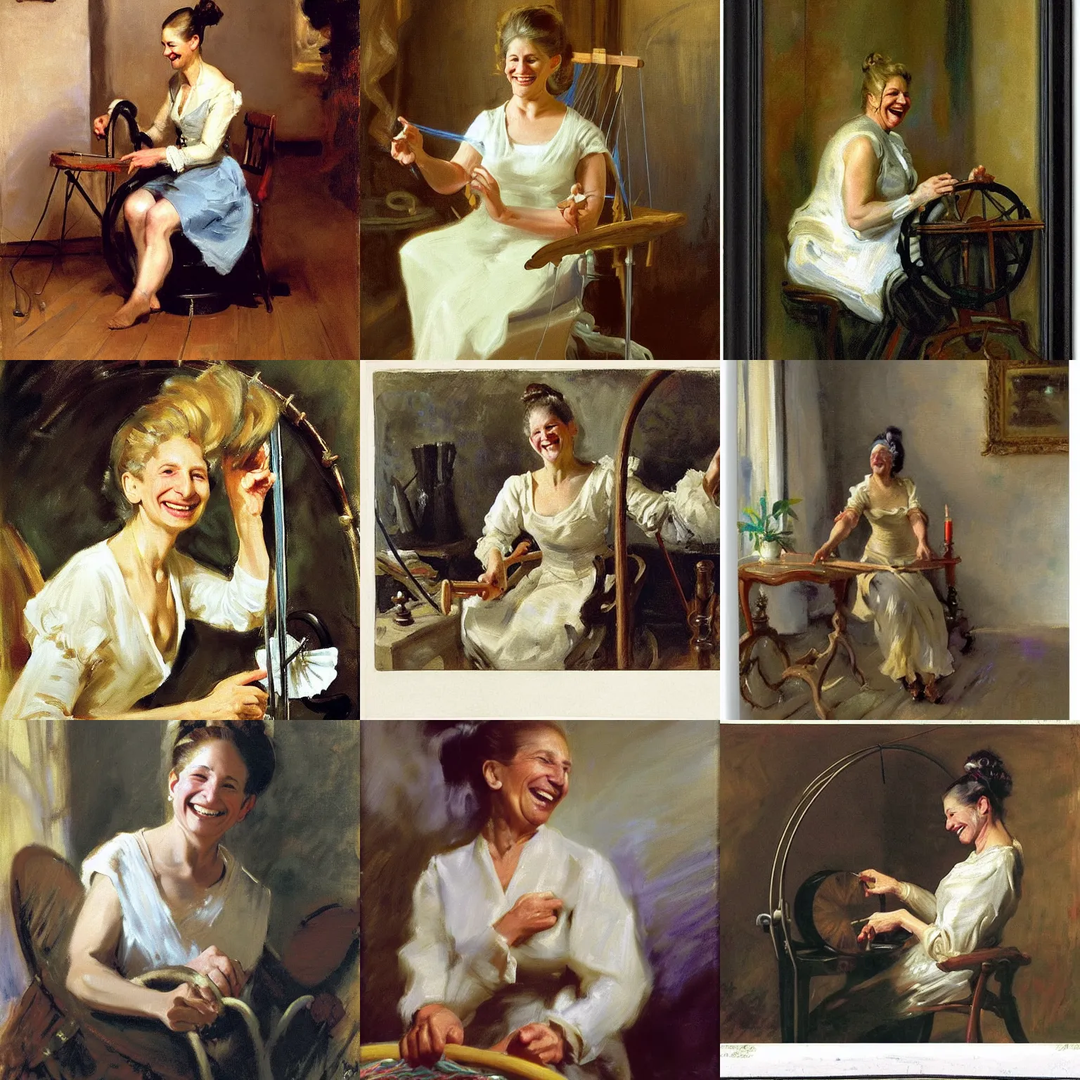 Prompt: A 50 year old woman with hair in a bun who looks like Barbara Streisand, is spinning yarn on a spinning wheel, smiling, happy, content, by john singer sargent