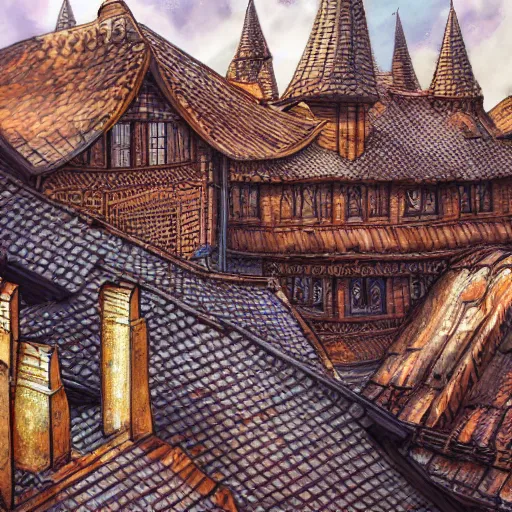 Image similar to traditional city with tiled roofs surrounded by a wooden wall, texture, intricate, details, highly detailed, masterpiece, architecture, building, trending on artstation, focus, sharp focus, concept art, digital painting, fantasy, sunny, day, midday