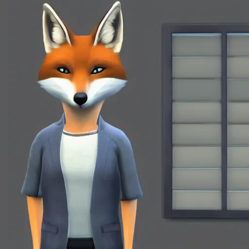 Image similar to anthropomorphic grey fox dressed in casual clothing, character in The Sims 4, indoors, in game screenshot