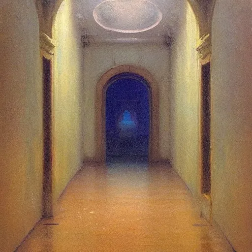 Image similar to A highly detailed hallway liminal space by Ivan Aivazovsky and Nicholas Roerich, impressionistic brushwork, silent hill aesthetic