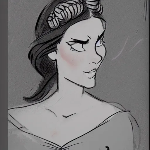 Image similar to milt kahl sketch of vanessa hudgeons with done up hair, tendrils covering face and ponytail as princess padme from star wars episode 3