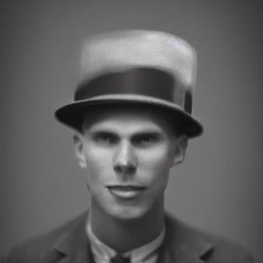 Prompt: A photograph portrait of Jerma985 wearing a pork pie hat in the early 1920s, taken in the early 1920s, grainy, taken on a early 1900s Kodak Camera, realistic, hyperrealistic, very realistic, highly detailed, very detailed, extremely detailed, detailed, digital art, trending on artstation