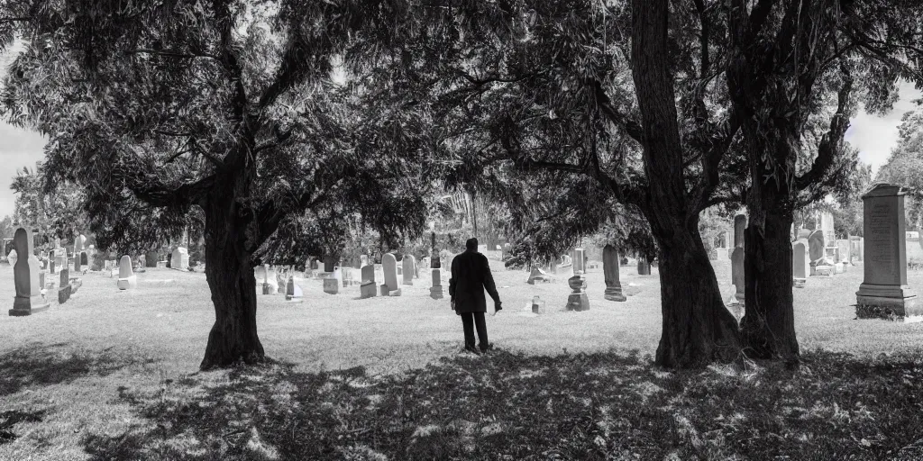 Prompt: Photo of a man in black hidden behind a tree in the cemetery