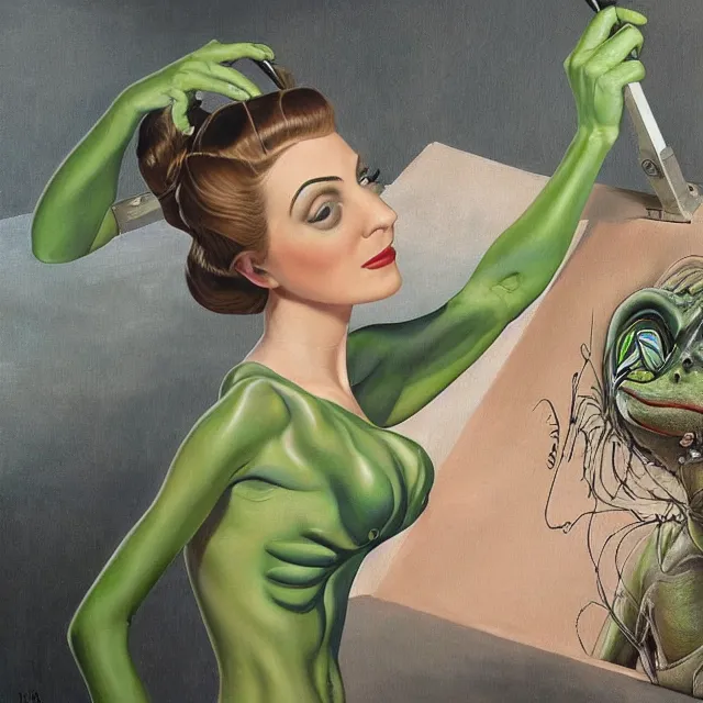 Prompt: pepe the frog artist painting a self - portrait on a canvas. intricate, highly detailed, digital matte painting in the style of alberto vargas and in the style of h. r. giger. irony, recursion, inspiration.