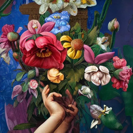 Prompt: photorealistic beautiful hands holding only one big elaborate maximalist flower. mixed media 3d and oil painting in the style of Michelangelo, Banksy and Gauguin, with flemish baroque details. made of hyperdetailed vivid fabric textures HD 8x matte background