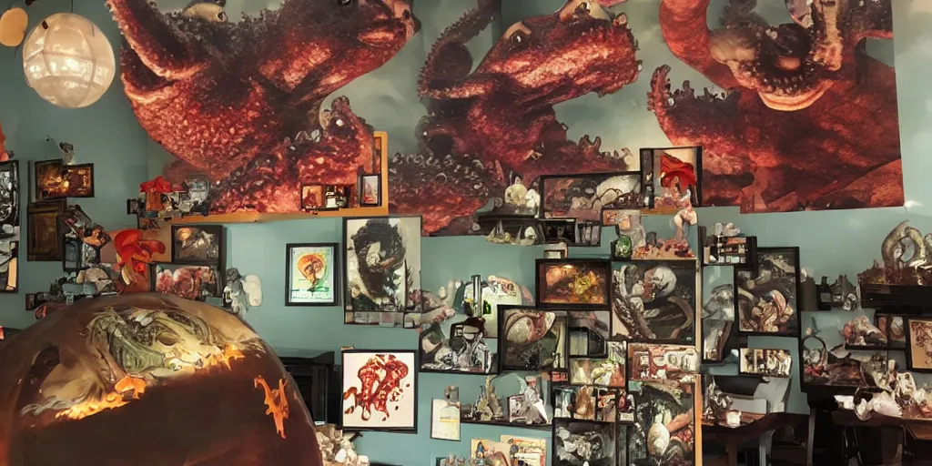 Image similar to photo of chubby godzilla eating octopus monster, in an epic kaiju restaurant willed with framed pictures of past monsters