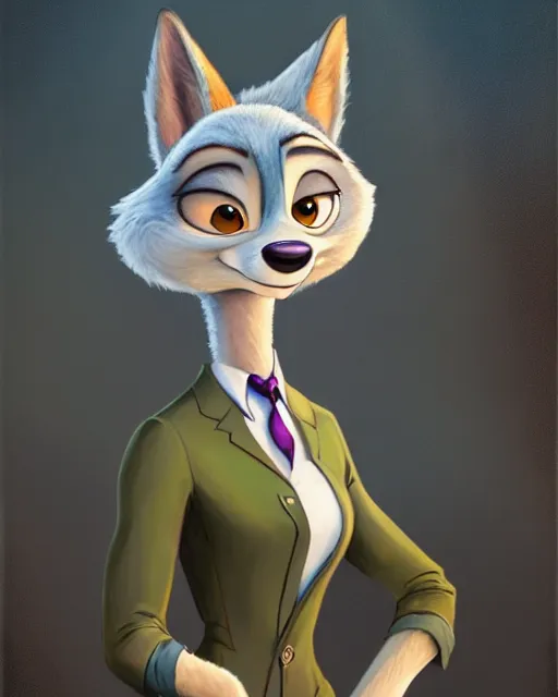 Image similar to beautiful oil painting of anthromorphic female wolf, in style of zootopia, zootopia, zootopia, fursona, furry, furaffinity, 4 k, deviantart, furry art, fursona art, wearing black business suit, business suit, in style of zootopia, wolf fursona, female, expressive detailed very very very feminine face,