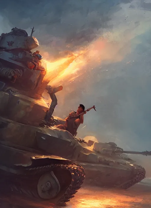 Image similar to side profile of a filipino man sitting on a tank holding a scepter eating popcorn, fantasy, digital painting, volumetric light, intricate, sharp, focus, bloom, illustration, highly detailed, concept art, matte, ruan jia, randy vargas, greg rutkowski