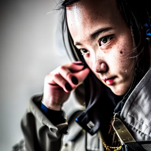 Image similar to photograph of a techwear mixed young woman inside a hidden busy speakeasy, closeup, brutalist design, sigma 85mm f/1.4, 4k, depth of field, high resolution, 4k, 8k, hd, full color