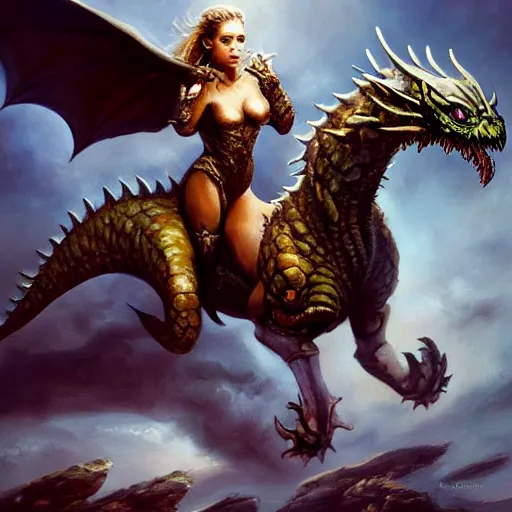 Prompt: oil painting of girl riding a dragon, fantasy, realistic textured scales, glowing eyes, sharp focus, artgem, boris valejo, frank frazetta, heavy metal style, trending on artstation, digital painting, julie bell, beautiful, very detailed,