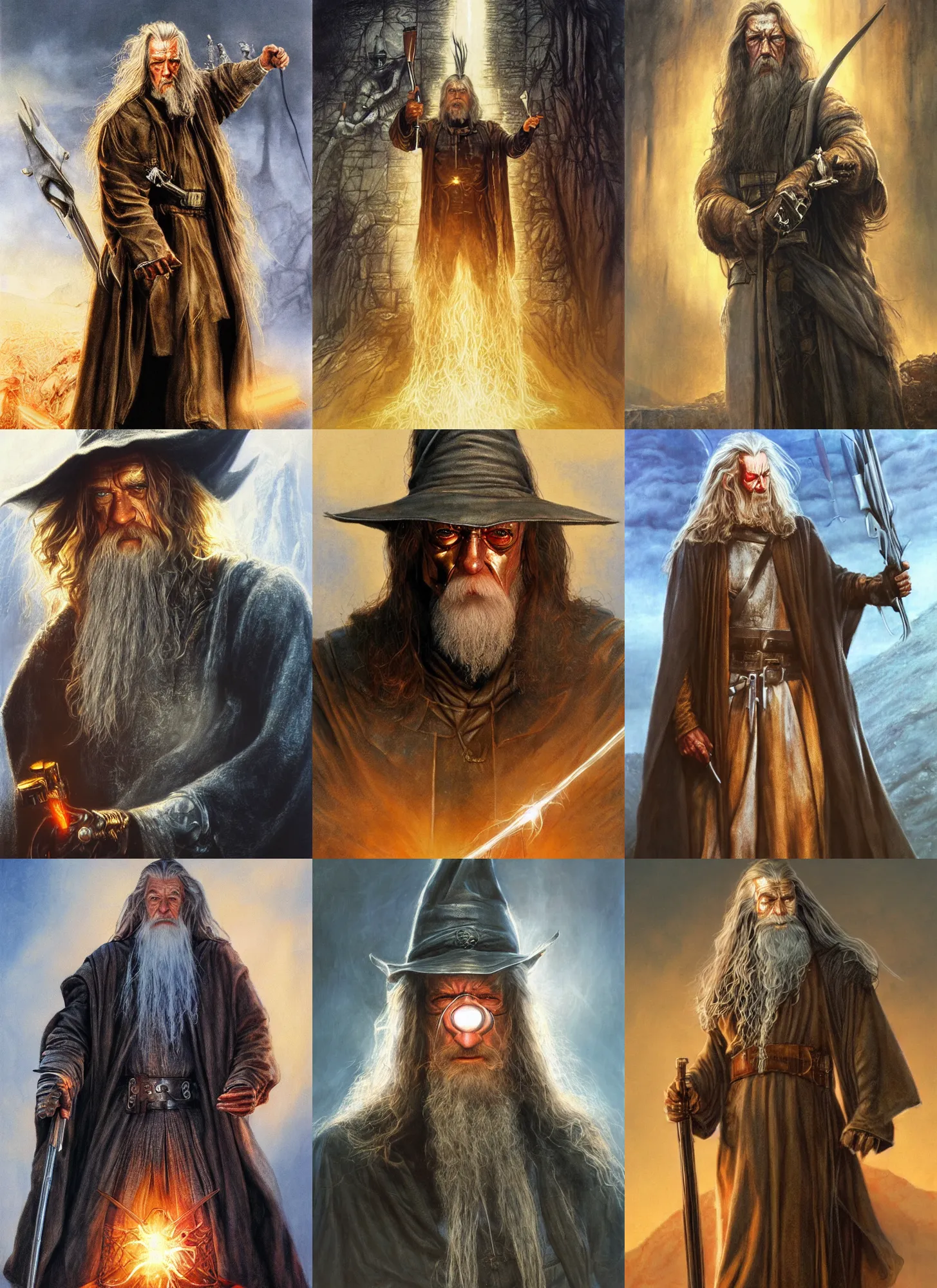 Prompt: terminator as gandalf the wizard by alan lee, golden hour, concept art, detailed clothing, art station, oil painting