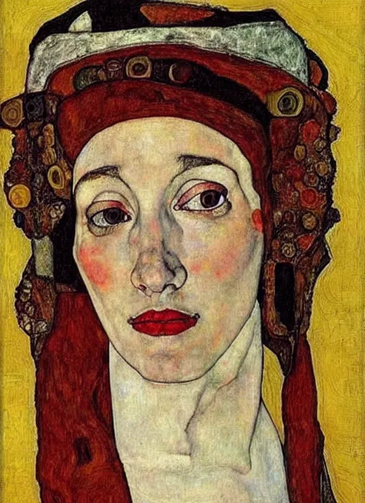 Image similar to portrait of young woman in renaissance dress and renaissance headdress, art by egon schiele