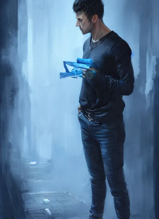 Prompt: handsome young man with short black hair, male, dressed in blue, looking down, half body shot, arms down, path traced, highly detailed, high quality, digital painting, bastien lecouffe - deharme
