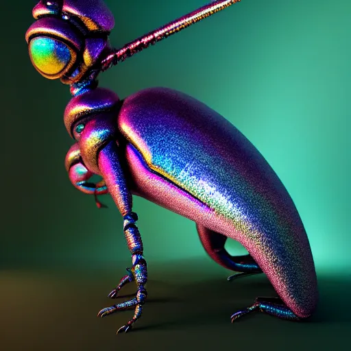 Image similar to giant iridescent bug creature is lush jungle, raning, foggy, moody, :: by Jeff Koons, Dan McPharlin Daniel Merrian :: ornate, dynamic, particulate, rich colors, intricate, elegant, highly detailed, centered, artstation, smooth, sharp focus, octane render, 3d