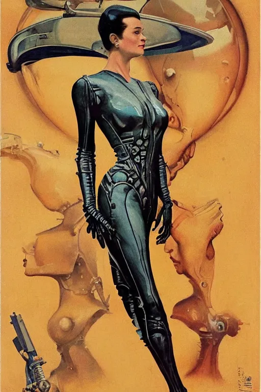 Image similar to 5 0 s pulp scifi fantasy illustration full body portrait elegant woman wearing latex spacesuit with biomech arms, by norman rockwell, roberto ferri, daniel gerhartz, jack kirby, earle bergey, ruan jia, jason fabok, tom lovell, alex malveda, dean cornwell, astounding stories, amazing, fantasy, other worlds