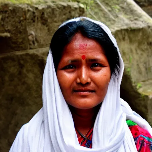 Image similar to a nepali woman wearing a white shawl, realistic