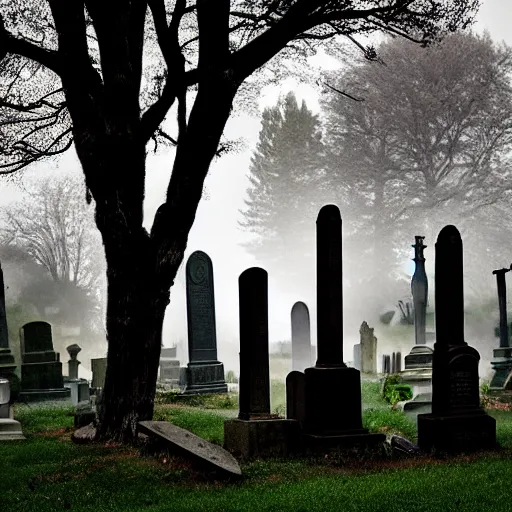 Prompt: memorial statues in a gothic cemetery at dusk, overgrown grass, dramatic, gloomy, volumetric light, ground mist, featured on art station