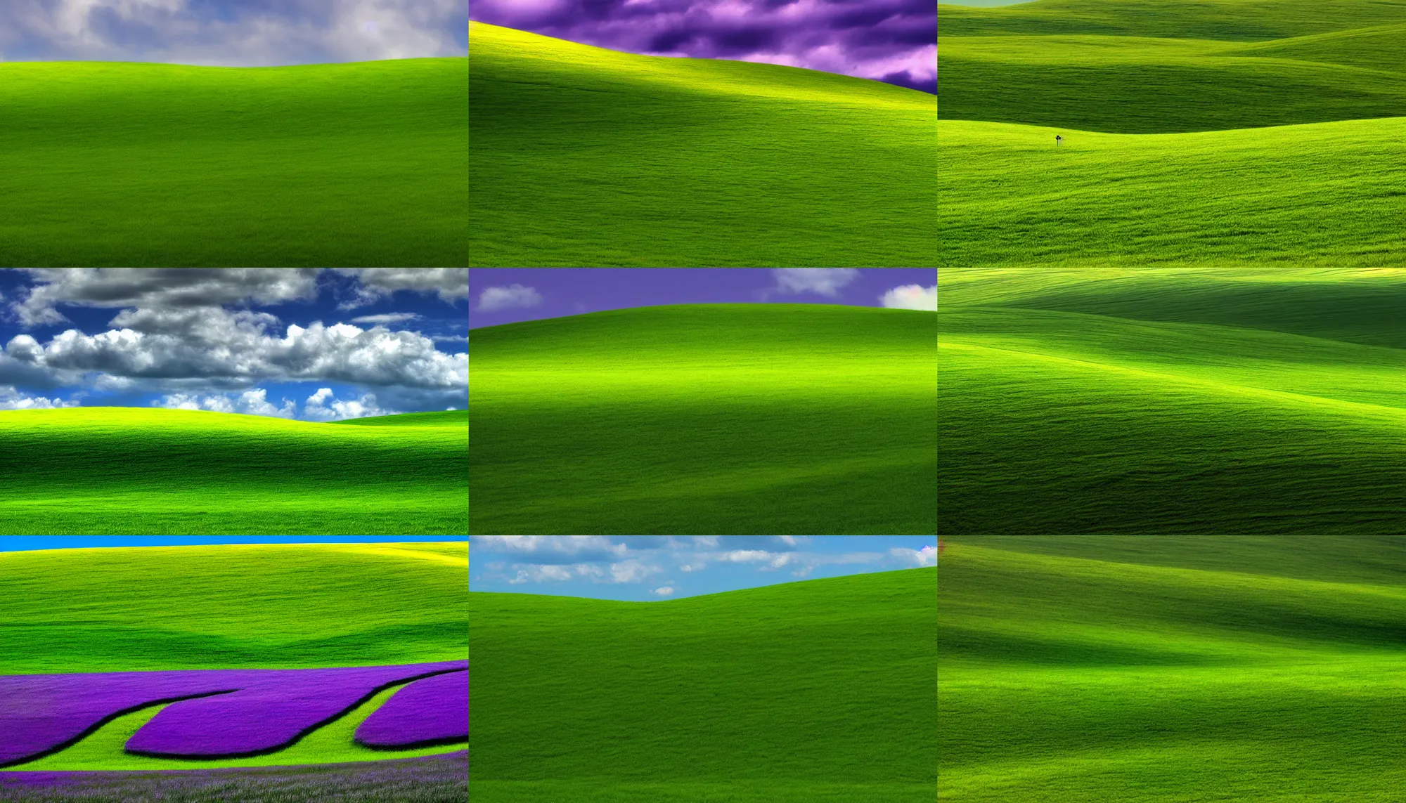 Prompt: Bliss, the windows xp wallpaper