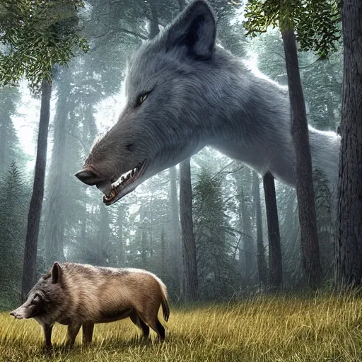 Prompt: behind a clump of trees, is a huge creature with the head of a wolf and the body of a boar, digital art, unreal engine,