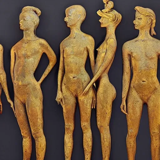 Image similar to A beautiful body art of a group of people standing in a line. They are all facing the same direction and appear to be waiting for something. gold statue by Constant Permeke threatening, graceful