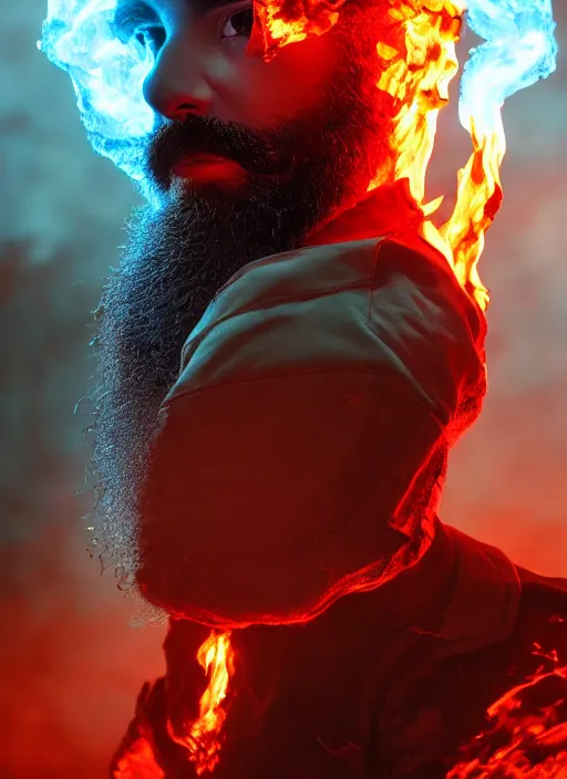 Image similar to Fire man with fire hair and fire beard, volcano, flames, ice, light atmosphere, cinematic shot, intricate, ornate, photorealistic, ultra detailed, realistic, 100mm, photography, octane, high definition, depth of field, bokeh, 8k, artstation